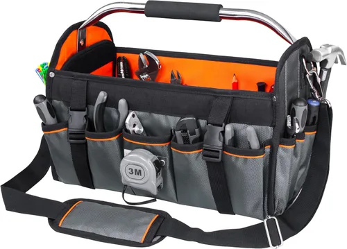 Miniatura 8 de Bolsa de herramientas de 16 pulgadas con parte superior abierta, tela gruesa de 1680D, bolsa de herramientas plegable con 29 bolsillos con asa