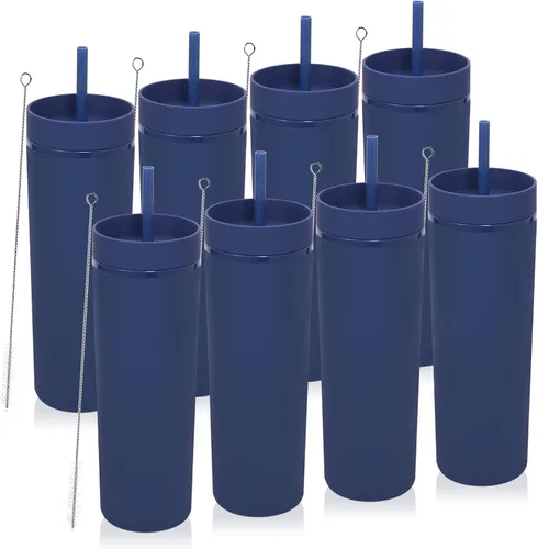 Miniatura 17 de Volhoply Paquete a granel de 4 vasos delgados de plástico de 20 onzas, vaso de doble pared con tapa y popote, taza reutilizable de viaje para café