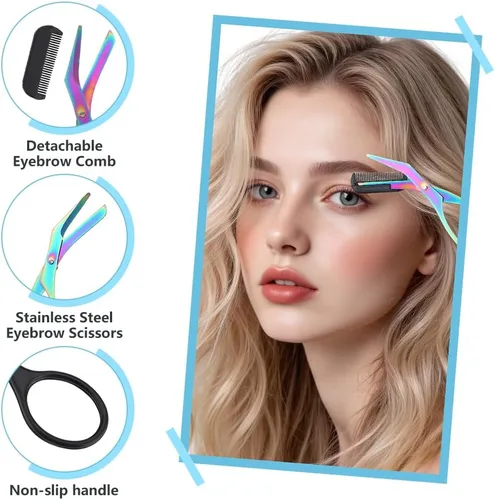 Miniatura 3 de Tijeras de cejas 2 en 1 con peine, cortador de cejas de acero inoxidable de precisión, tijeras de aseo antideslizantes para hombres y mujeres, Azul