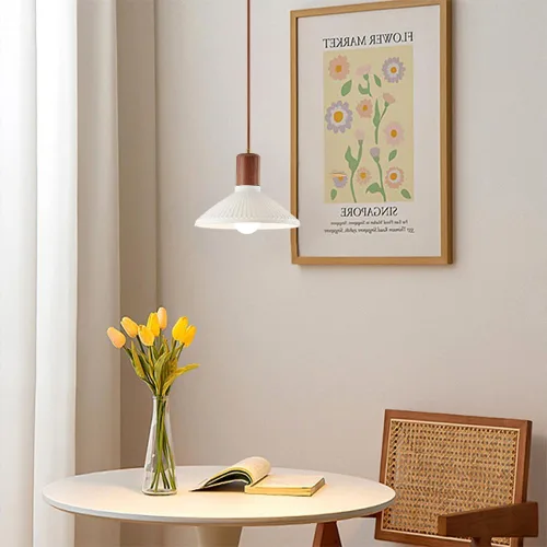 Miniatura 6 de White Ceramic Lampshade Pendant Light Height Adjustable Hanging Light Fixture Modern Vintage Wood Pendant Lamp for Kitchen Island Dining Room