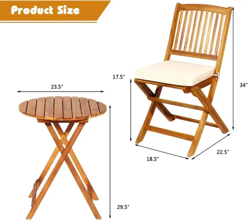 Miniatura 5 de Juego de 3 piezas de bistró para patio, juego de bistró plegable de madera de acacia con mesa de centro redonda y cojín acolchado, juego de mesa