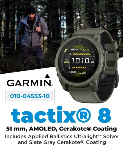 Miniatura 2 de Garmin Tactix 8 Cerakоtе de 2.008 in, reloj inteligente táctico con GPS premium, pantalla AMOLED, solucionador de balística aplicada, paquete