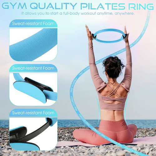 Miniatura 4 de Silipull Juego de 6 anillos de pilates y pelota esenciales para mujeres, pelota de ejercicio de yoga circular de 14 pulgadas, 5 bandas de Azul