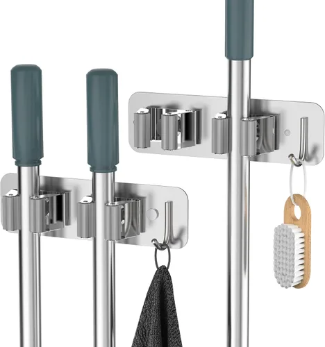 Miniatura 12 de homeasy - Soporte de pared para escoba y fregona, organizador con ganchos de acero inoxidable resistente Pack de 2, instalación sin taladro ni