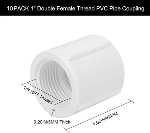 Miniatura 2 de Paquete de 10 Adaptadores Conectores de Acoplamiento de Tubería de PVC de Rosca Doble Hembra de 1 pulgada (F x F) SCH40 Acoplamiento de Tubería