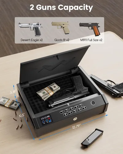 Miniatura 7 de Caja de seguridad para armas, cajas de seguridad biométricas para pistolas de mano con LCD de temperatura, humedad, batería, puerto USB-C, acceso