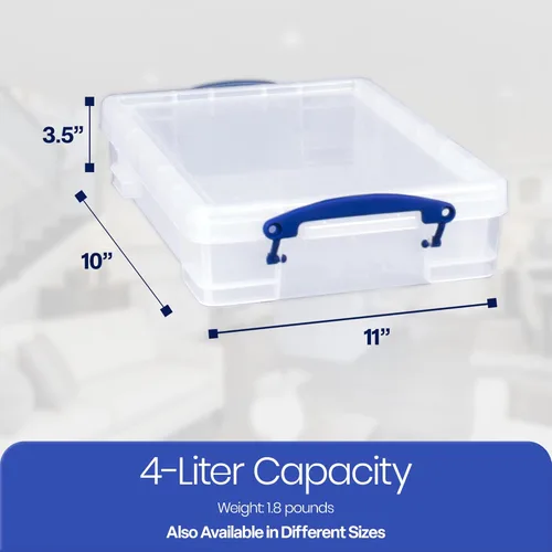 Miniatura 3 de Really Useful Box Contenedor apilable de plástico de 4 litros con tapa a presión y asas de bloqueo de clip integradas para organización del hogar