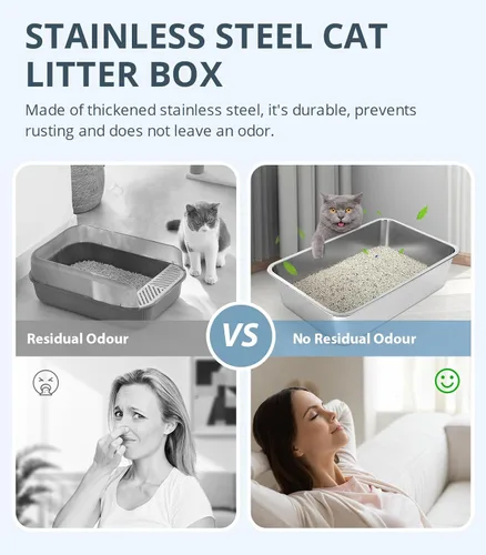 Miniatura 3 de WENBOKMIN Caja de arena para gatos de acero inoxidable, caja de arena poco profunda de 4 pulgadas para gatos y gatitos mayores, bandeja de arena
