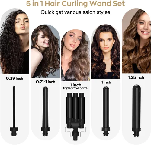 Miniatura 2 de Varita rizadora 5 en 1, juego de varita rizadora de pelo janelove con rizador de pelo de 3 barriles y 4 rizadores de pelo cerámicos intercambiables