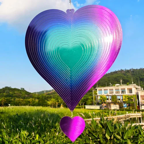 DJUAN 15in Large Heart Wind Spinner Garden Decor,Gifts for Women,Mom and Grandma,Mother's Day,Birthdays, Purple-Green Stainless Steel Hanging Yard