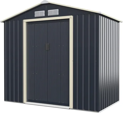 Giantex Cobertizo de almacenamiento para exteriores con doble puerta corrediza, almacenamiento de jardín de metal galvanizado, ventilación delantera
