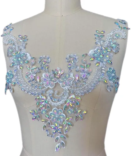 Miniatura 2 de Parches de encaje con flores y cuentas de perlas, apliques de strass para coser en ropa, cuello (AB)