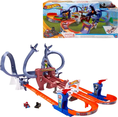Conjunto de pista de coche de juguete Hot Wheels, pista de carreras de telarañas de Spider-Man de RacerVerse, carrera competitiva con 2 vehículos de