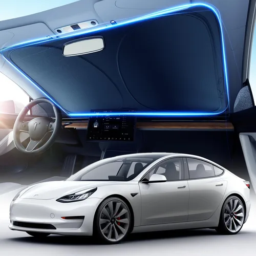 DMJN Parasol para parabrisas delantero para Tesla nuevo modelo Y, Y y 3 (2017-2027), [revestimientos de cristal de hielo nano] UPF50+ bloqueo de