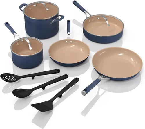 Ninja Juego de utensilios de cocina de cerámica, Extended Life - Juego de utensilios de cocina de 11 piezas con agarre cómodo, sartenes