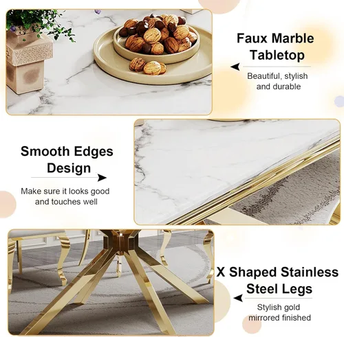 Miniatura 5 de Juego de mesa de comedor de mármol para 6, mesa de cocina rectangular de mármol blanco de 70 pulgadas con patas en X de acero inoxidable dorado