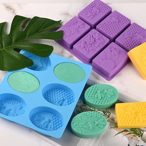 Miniatura 3 de Sakolla 2 paquetes de moldes de jabón de silicona para abejas de 6 cavidades, moldes de silicona de panal de abeja rectangulares y ovalados, moldes