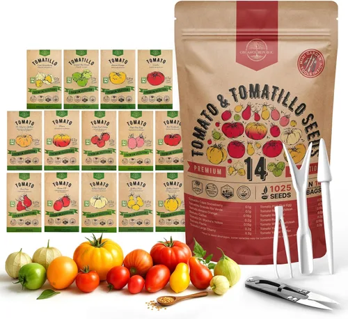 Organo Republic Paquete de Variedad de 14 Semillas Raras de Tomate y Tomatillo para Jardín - Más de 1,020 Semillas de Tomate y Tomatillo Reliquia