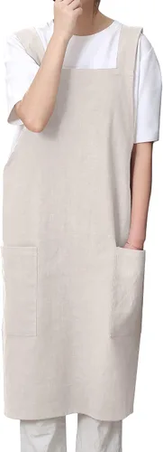 Delantal de lino y algodón suave para mujer, delantal cruzado sin ataduras con bolsillos, ideal para floristería y cocina FLAXEN