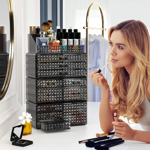 Miniatura 6 de Awenia Paquete de 4 organizadores de maquillaje apilables [actualizado], almacenamiento de cosméticos acrílicos, gran capacidad con 11 cajones