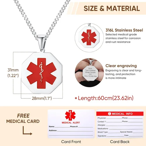 Miniatura 47 de VNOX Collar con colgante personalizado de acero inoxidable con grabado personalizado para identificación de alerta médica de emergencia para hombres