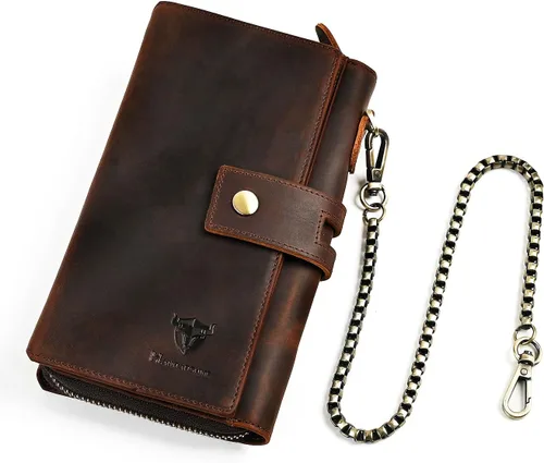 Miniatura 45 de Genuino Caballo Loco Cuero Regalo de Viaje Moneda Bolsillo Tarjetero Organizador Largo Cadena Rfid Cartera Monedero Con Broche Para Hombres Hombres