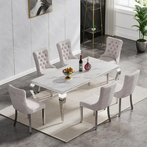 Miniatura 80 de Moderno juego de mesa de comedor de mármol sintético de 68.11 pulgadas para 6, mesa de comedor de mármol blanco y plateado con 6 sillas de Blanco