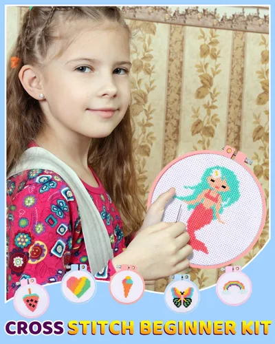 Miniatura 5 de Pllieay 6 kits de punto de cruz para principiantes para niños de 7 a 13 años, kit de bordado para niños, kit de punto de aguja, kit de manualidades