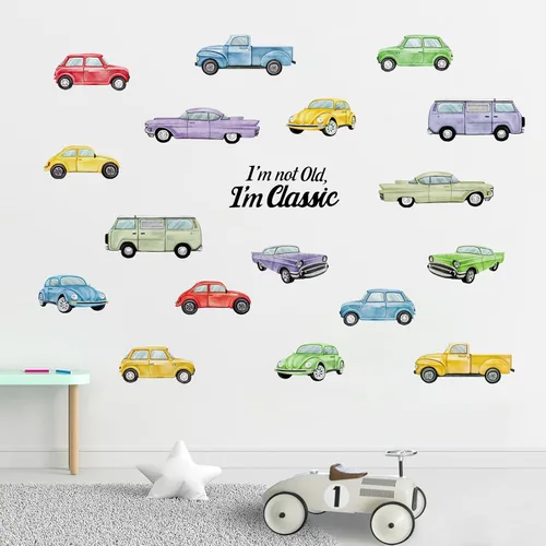 Yovkky Calcomanías coloridas de pared de vehículos vintage, I'm Not Old I'm Classic Car Truck Transportation Boys Baby Nursery Decor Retro Home