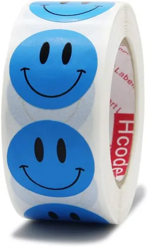 Hcode Etiquetas adhesivas de recompensa de papel con puntos circulares de cara feliz, 500 unidades por rollo (1 pulgada azul)