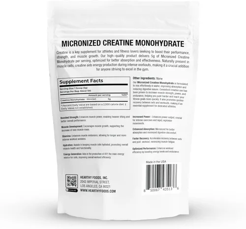 Miniatura 2 de HEARTHY FOODS Polvo de Monohidrato de Creatina Micronizado 500G - 100 porciones, 5000mg por porción (5g) - 17.64 oz para el crecimiento