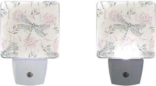 Miniatura 5 de Lámpara de noche LED enchufable con sensor de luz, libélulas florales grungy, luz blanca, paquete de 2 unidades, para pasillo, baño, dormitorio