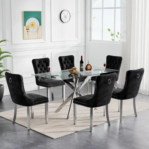 Miniatura 27 de Juego de mesa de comedor de cristal para cocina de 4, 5 piezas, mesa de comedor rectangular de 51 pulgadas con 4 sillas de cocina de terciopelo