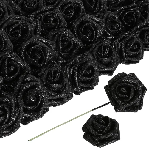 Flores negras con purpurina, 30 unidades, flores artificiales con purpurina, rosas de espuma con tallo, flores sintéticas para bricolaje, ramo de