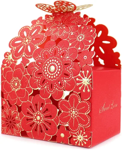 Kslong 50 cajas de dulces huecas con diseño de flores y mariposas, cajas de regalo para galletas, regalos románticos de boda, bonita caja de Rojo