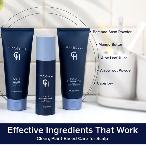 Miniatura 4 de Comme Homme Paquete de cuidado del cuero cabelludo definitivo para hombres calvos, rutina de 3 pasos con lavado del cuero cabelludo, exfoliante e