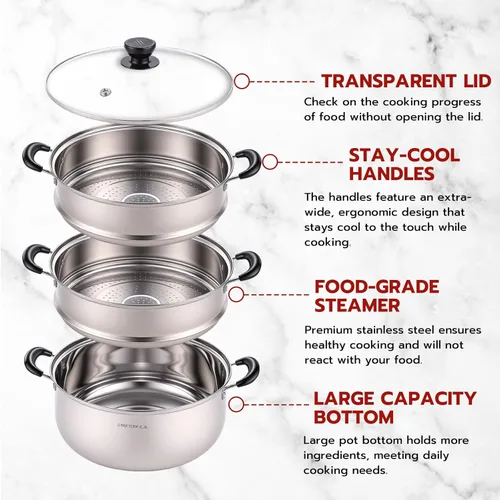 Miniatura 3 de Olla de vapor de acero inoxidable de 3 niveles de 24 cuartos de galón con tapa de vidrio, utensilios de cocina apilables multicapa para tamales