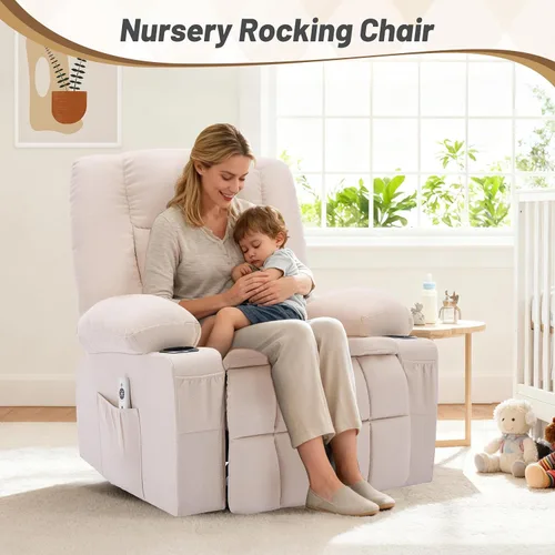 Miniatura 7 de Rocker Recliner Chair with Massage and Heat, Nursery Rocking Chairs for Living Room, Ergonomic Comfy Relining Chair with Cup Holders, USB Charge