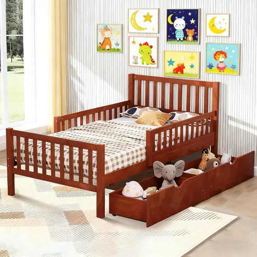 Miniatura 10 de Bellemave Base de cama individual para niños con vallas y 2 cajones, plataforma de madera tamaño individual con barandillas en ambos lados