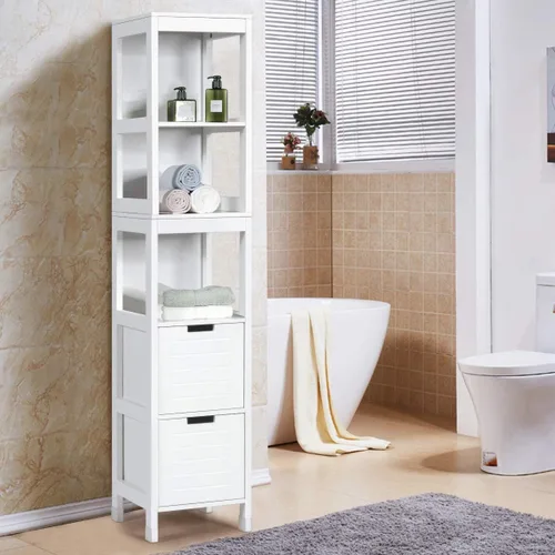 Miniatura 2 de GLACER Armario alto de baño, armario de almacenamiento de piso de madera con tres estantes abiertos y dos cajones, equipado con accesorios