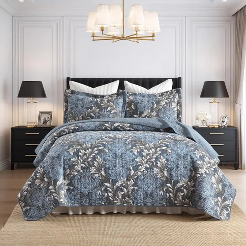 Miniatura 12 de Juego de edredón Queen 100% algodón – Colcha floral de damasco azul, juego de ropa de cama reversible de estilo europeo clásico de 3 piezas, ligero