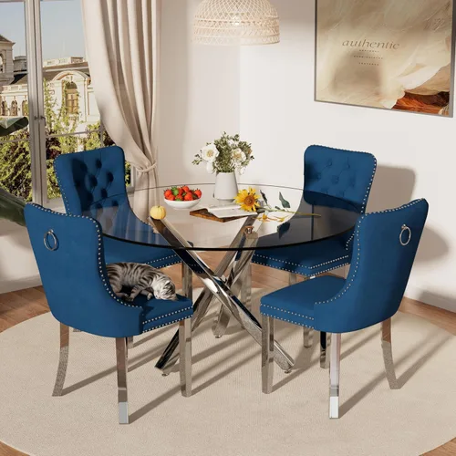 Miniatura 36 de Juego de mesa de comedor redonda de cristal moderno de mediados de siglo para 4, juego de vajilla circular de lujo plateado de 5 piezas, juego