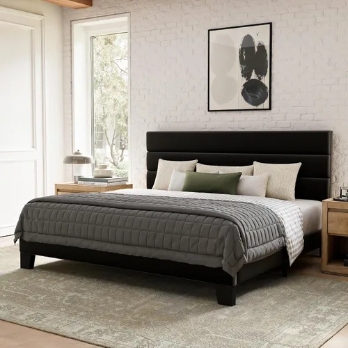 Miniatura 14 de GOLDORO Base de cama de plataforma de tamaño individual con cabecera tapizada, soporte de listones de madera, no necesita somier, fácil montaje