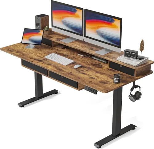 Miniatura 16 de FEZIBO Escritorio de pie de 48 x 24 pulgadas con altura ajustable, escritorio eléctrico de pie con doble cajón, escritorio de oficina en casa con 4