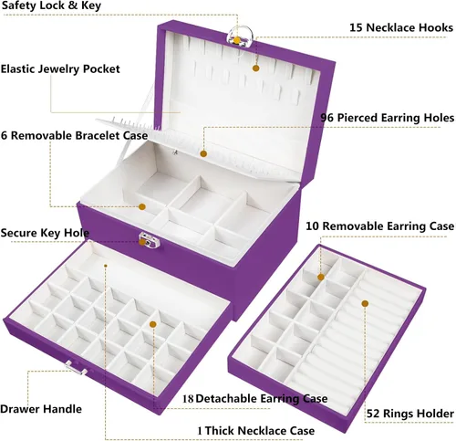 Miniatura 43 de Joyero de pendientes para mujeres y niñas, organizador de aretes de 5 capas, caja organizadora de joyas blanca con candado, collares y aretes