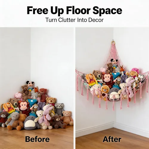 Miniatura 5 de Hamaca de almacenamiento de animales de peluche colgante rosa, organizador de red grande para cosas de animales, lindos muebles, organización
