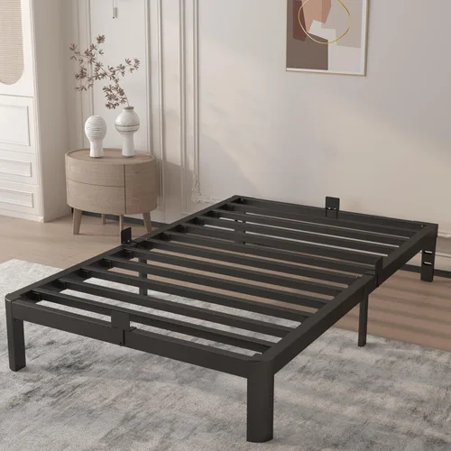 Miniatura 11 de Base de cama Queen de 4 pulgadas, no necesita somier, base de cama de plataforma con juntas de metal, soporte de listones de acero resistente, tapón