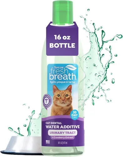 TropiClean Fresh Breath Cat - Aditivo de agua dental + soporte para el tracto urinario, con extracto de arándano, limpieza de dientes y solución