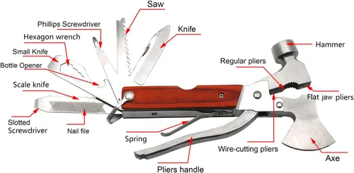 Miniatura 4 de Herramienta multiherramienta para acampar, equipo de supervivencia 16 en 1, de acero inoxidable, compatible con senderismo, pesca, kit de emergencia