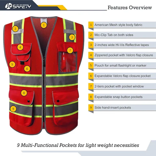 Miniatura 3 de JKSafety - Chaleco de seguridad con cierre de cremallera al frente y 9 bolsillos, con malla y tiras con bordes amarillo fluorescente, cumple